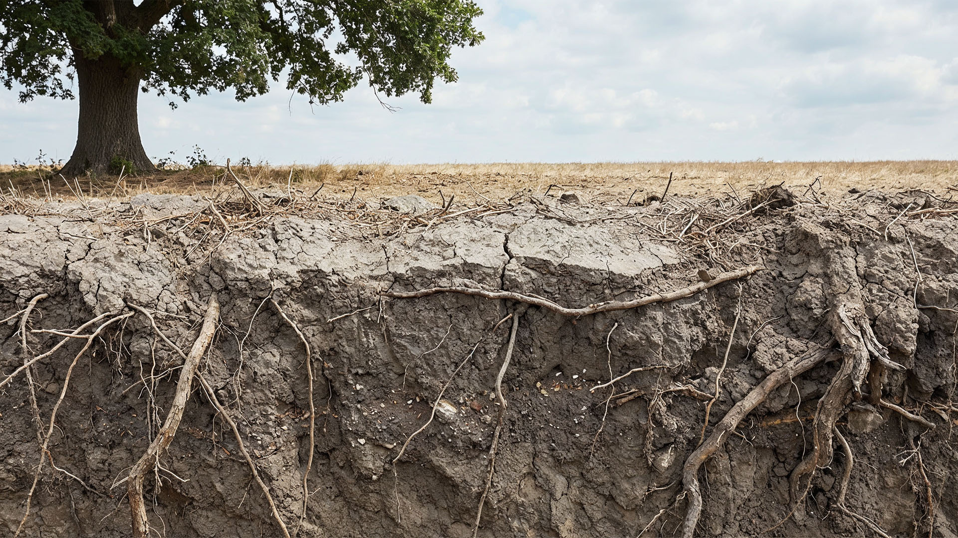 A túlzott tömörödés tönkretette a talajt – a felszín kiszáradt és elsárgult.